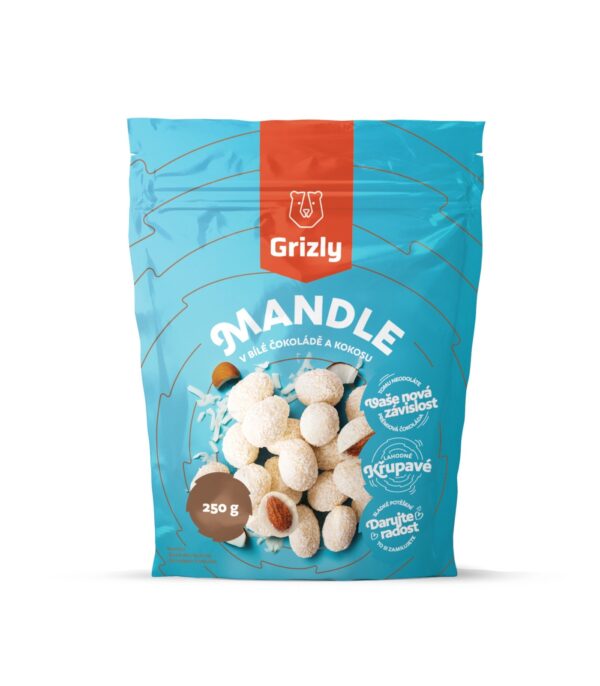 Mandle v bílé čokoládě s kokosem 250 g GRIZLY